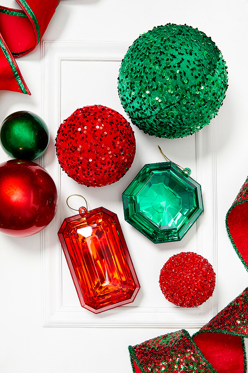 Red and green ornaments sparkle